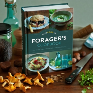 The Wild Food UK Forager's Cookbook on a table surrounded by wild ingredients